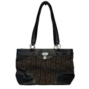 Etienne Aigner Handbag Shoulder Purse Signature Canvas Logo Leather‎ Brown Gold